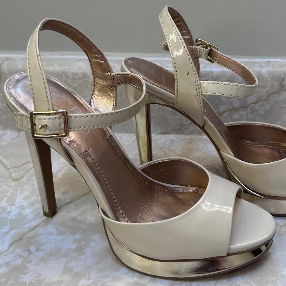 BCBG Blossum Women's Heels, Eggshell, Size 8, Gold Platform, ankle strap